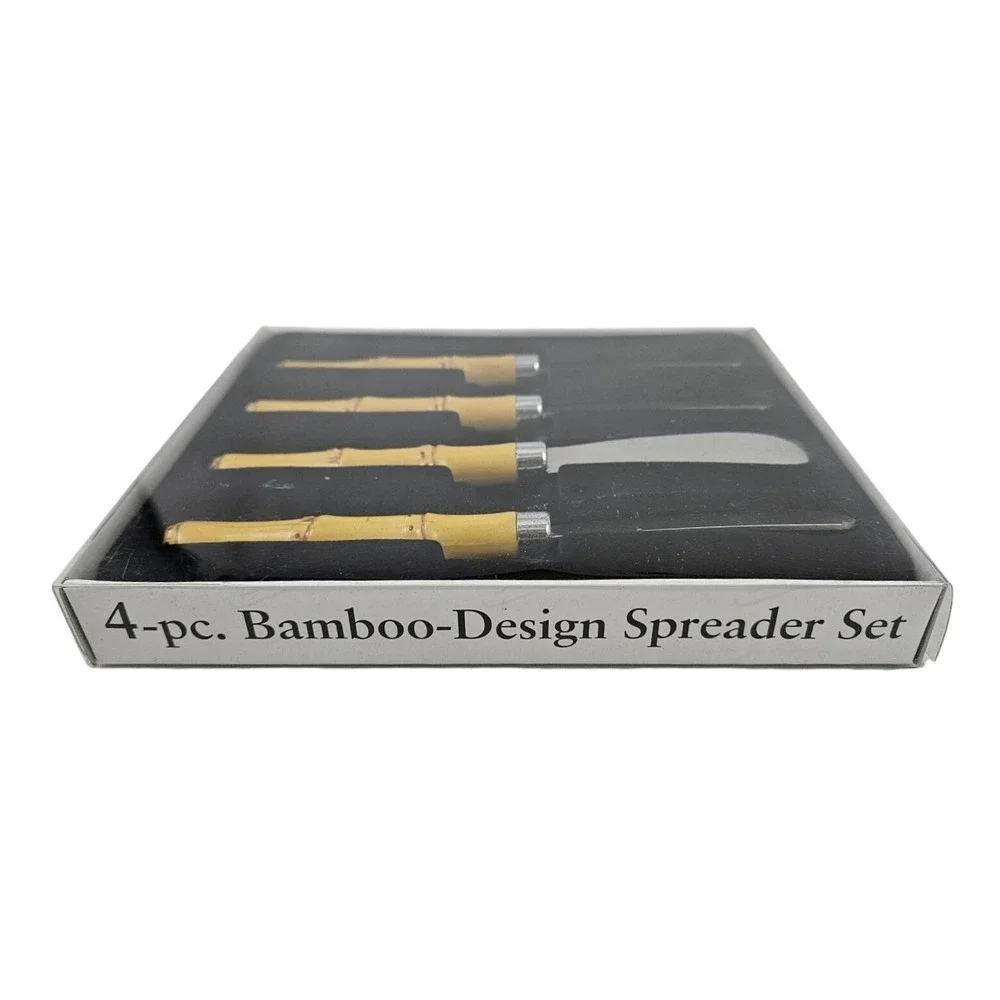 Vintage Bamboo Handle Cheese Knife Spreader Set Boho Tropical Palm Beach NOS